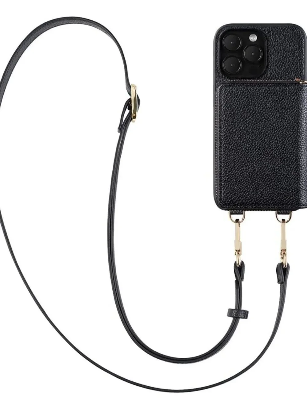 iPhone 13 Pro Crossbody Zipper Wallet Phone Case Black Vegan Leather